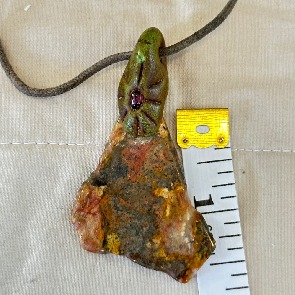 Raw Jasper Stone w/Garnet Eye Pendant on Cord Red/Brown/Tan/Cream/Orange - Picture 7 of 16
